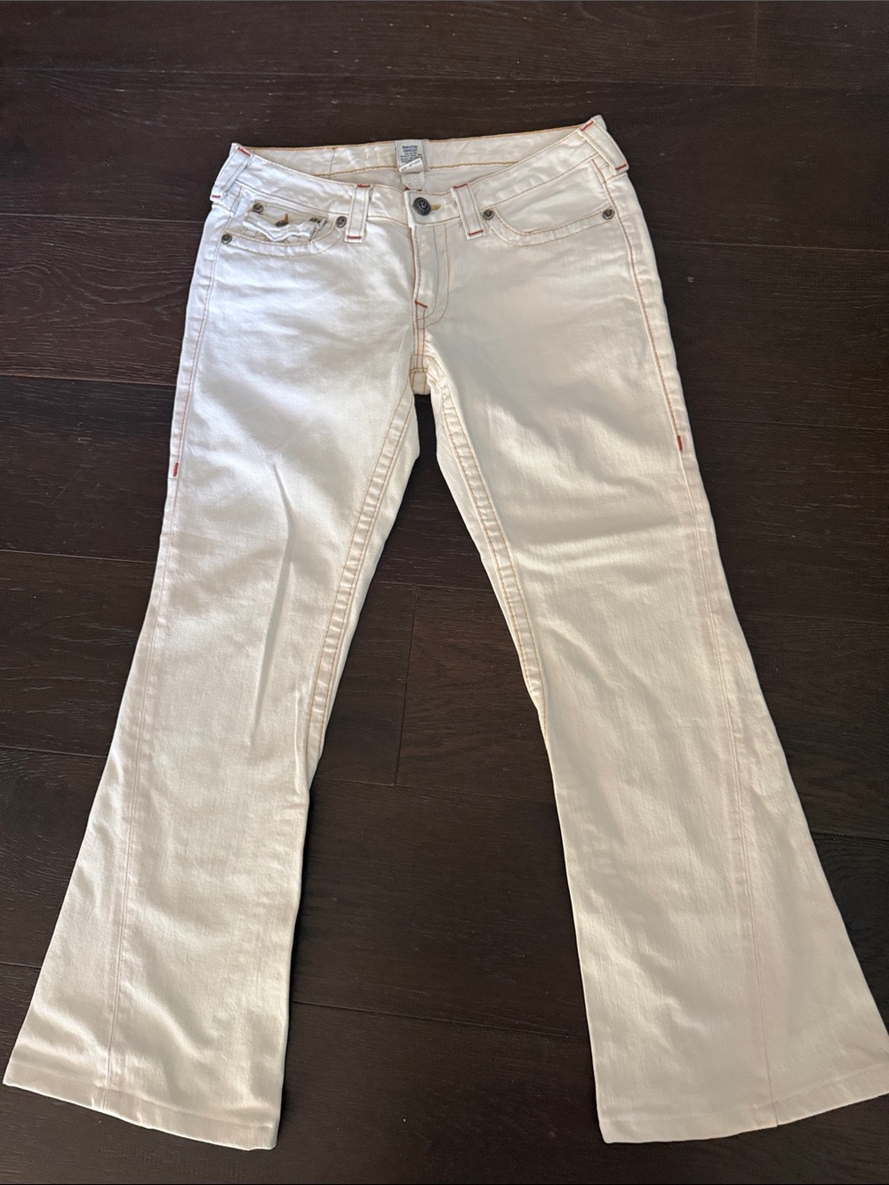 True Religion White Flare Jeans with Subtle Stitching